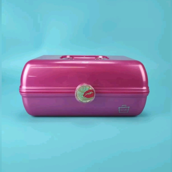 Caboodles Organizer Makeup Case Large Dark Pink Lips 3 Tier + Mirror VG - Picture 1 of 12